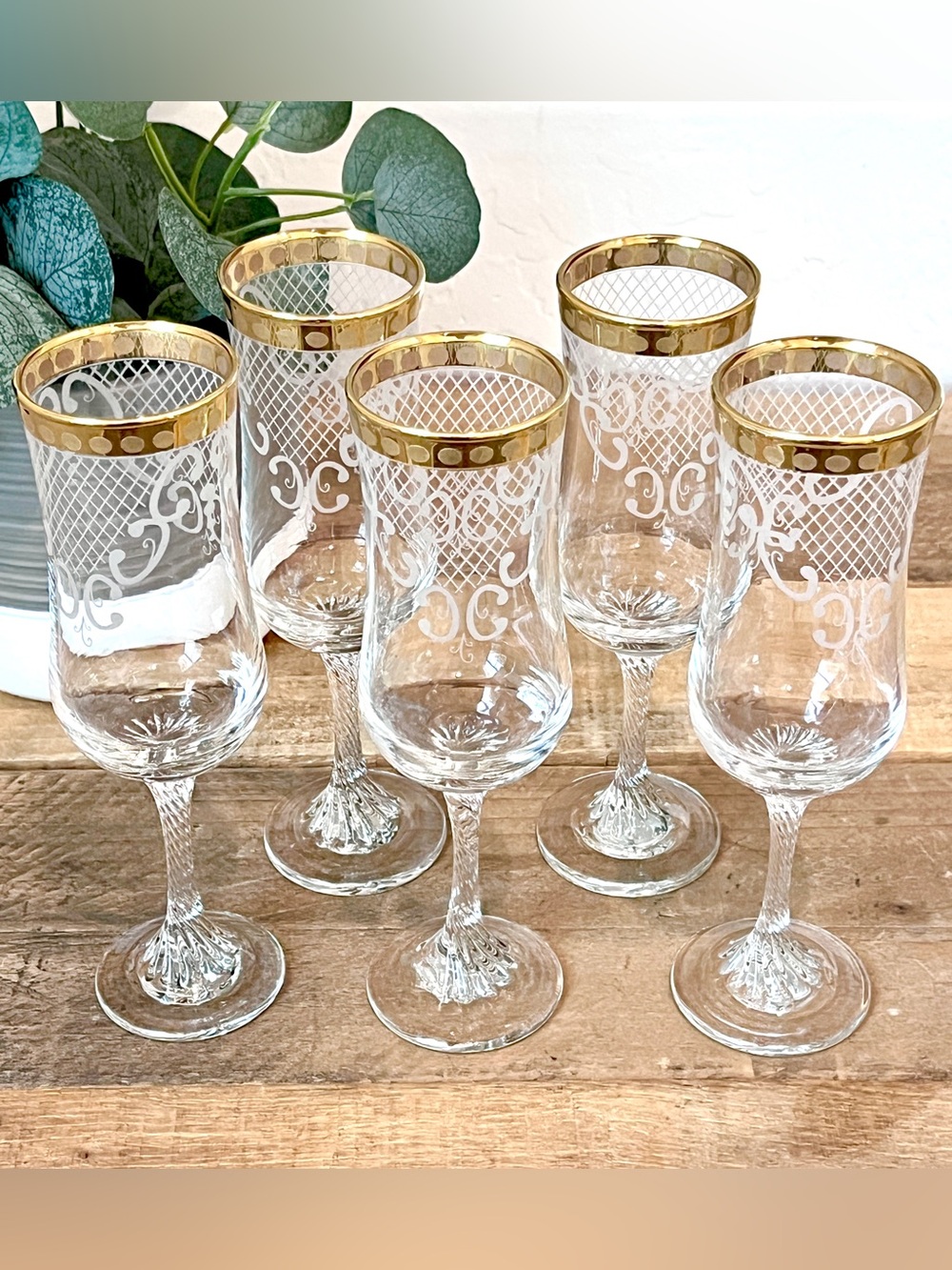 Vintage Handblown Gold Rim Champagne Flutes Twisted Stem Lattice Scroll Set of 5